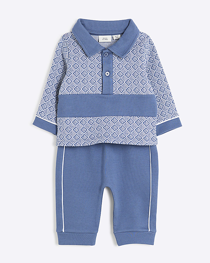 Baby Boys Blue Jacquard Polo Set