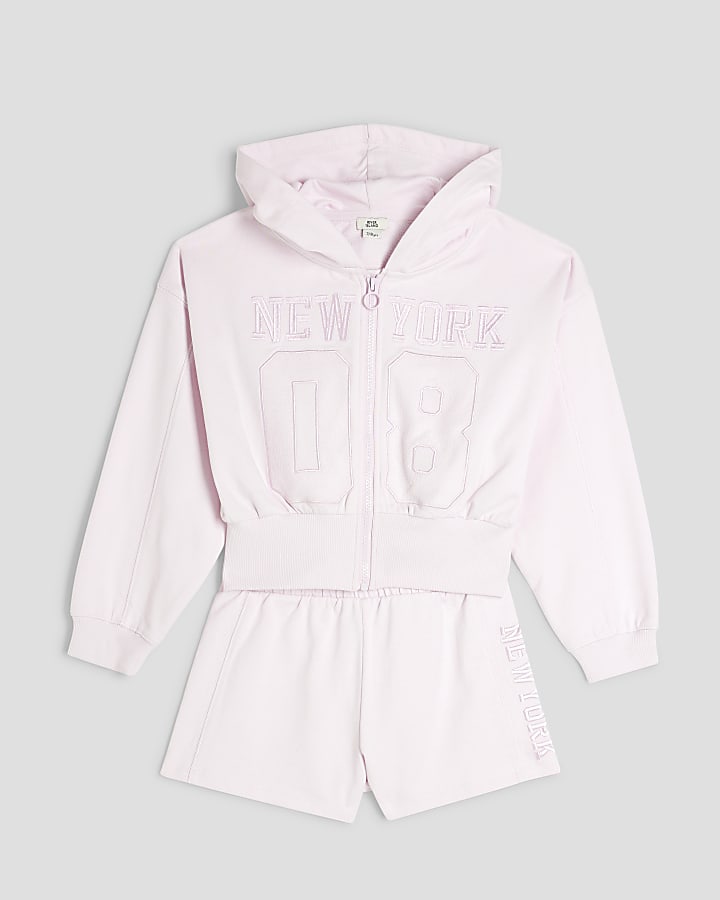 Girls Pink Zipped Hoodie And Shorts Set