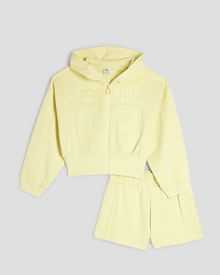 Girls Yellow Zipped Hoodie And Shorts Set