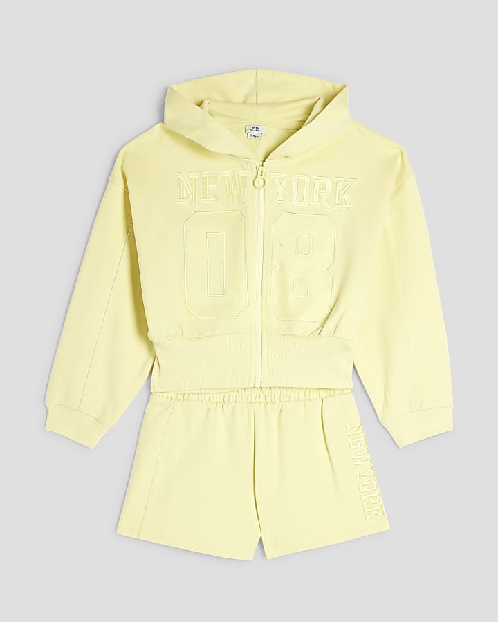 Girls Yellow Zipped Hoodie And Shorts Set