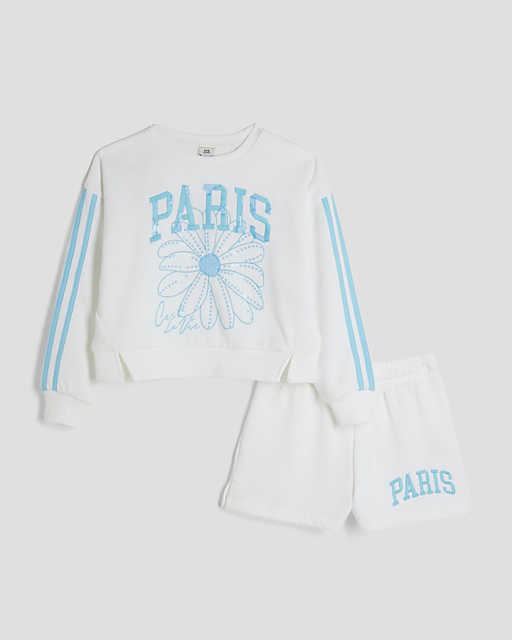 Girls White Paris Sweatshirt And Shorts Set