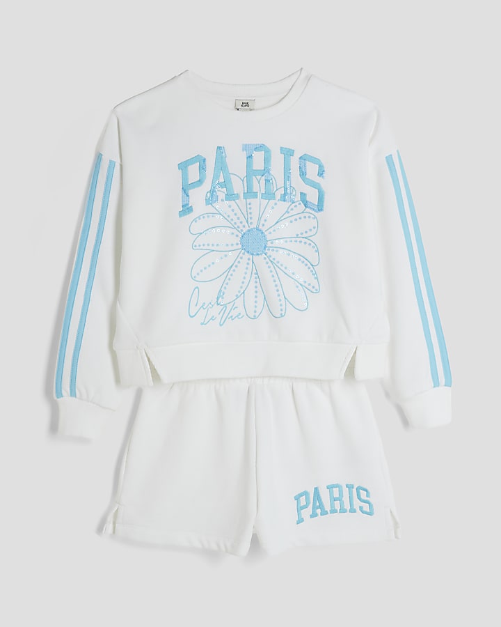 Girls White Paris Sweatshirt And Shorts Set