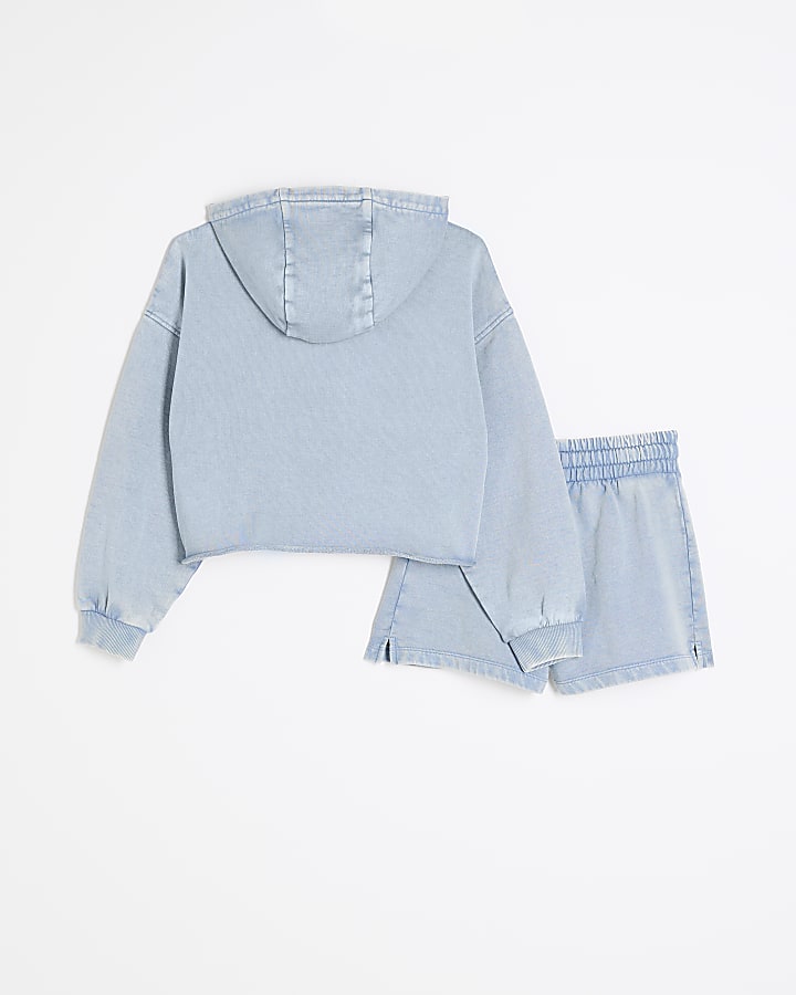 Girls Blue Washed Shorts And Hoodie Set