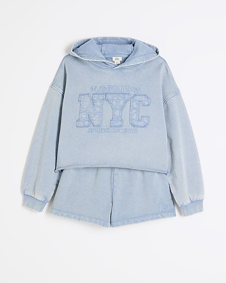 Girls Blue Washed Shorts And Hoodie Set