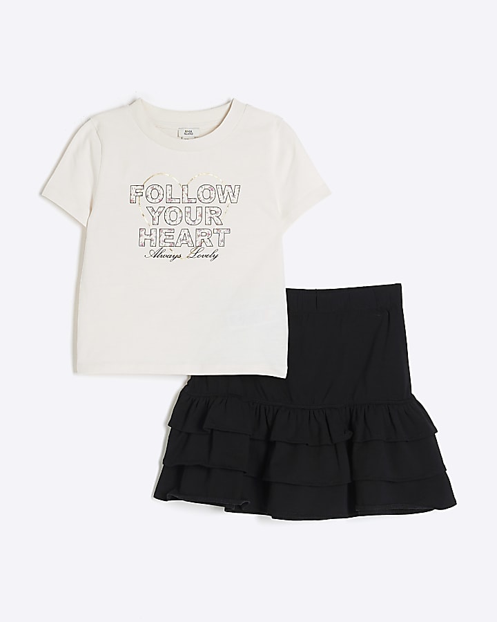 Girls Cream Ditsy Print T-Shirt and Skirt Set