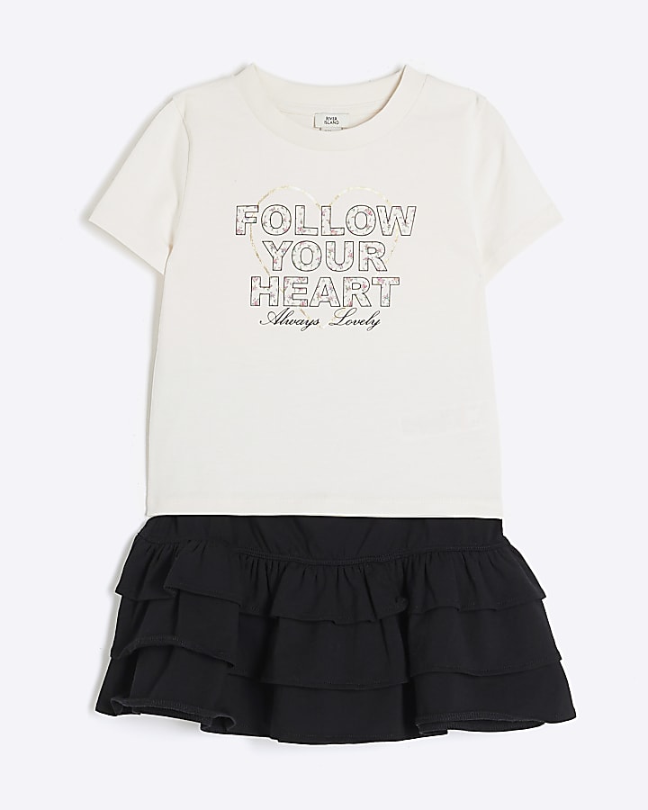 Girls Cream Ditsy Print T-Shirt and Skirt Set