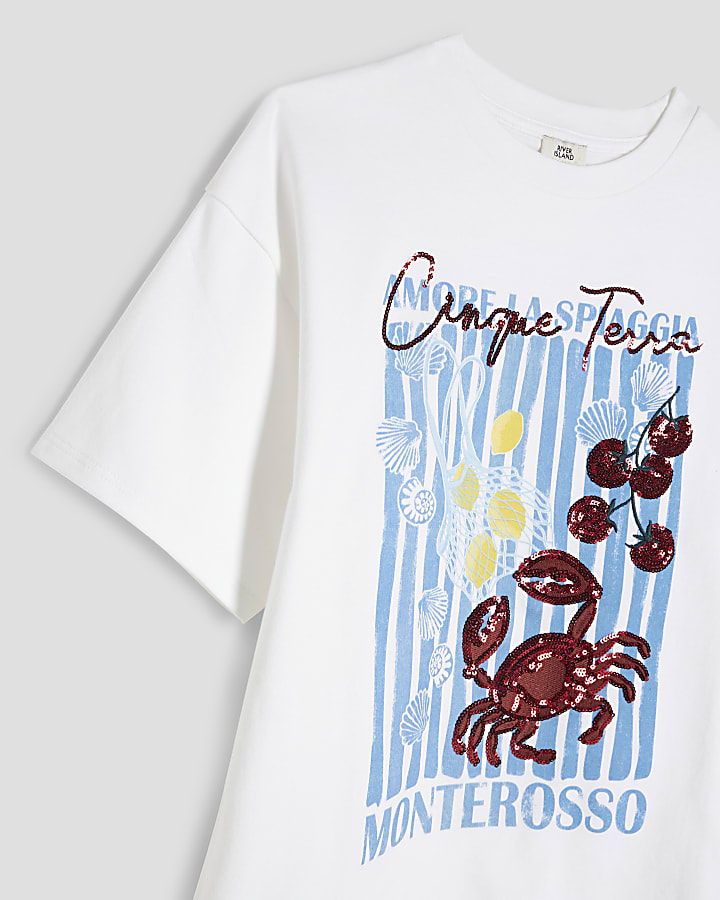 Girls White Crab Embellished T-shirt