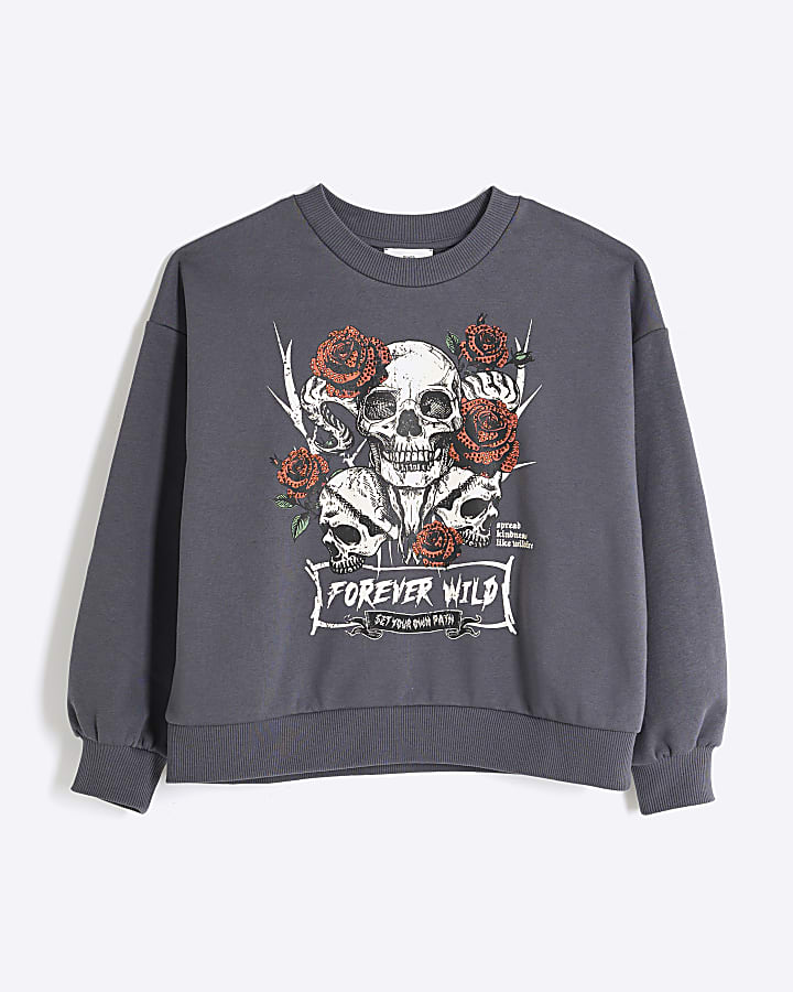 Girls Grey Skull Graphic Sweat