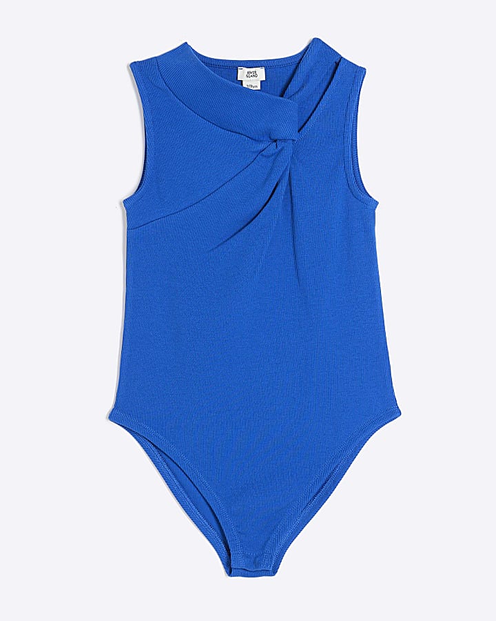 Girls Blue Ribbed Knot Bodysuit