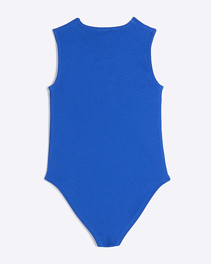 Girls Blue Ribbed Knot Bodysuit