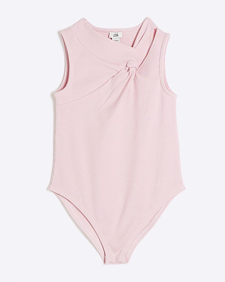 Girls Pink Ribbed Knot Bodysuit