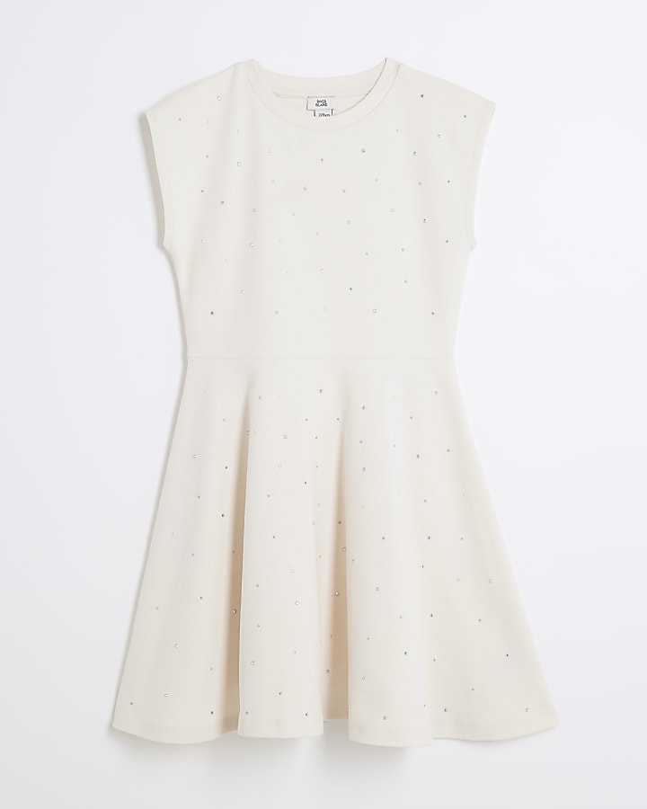 Girls Cream Embellished T-Shirt Dress