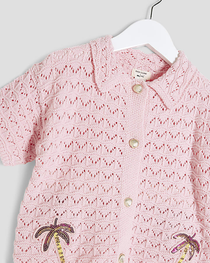 Mini Girls Pink Revere Palm Tree Shirt Set