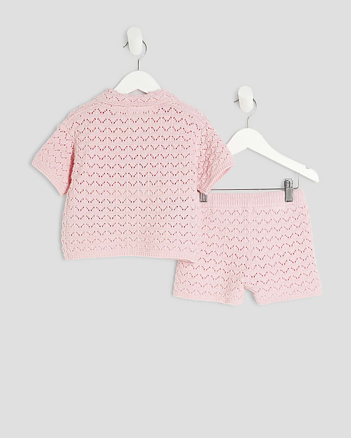 Mini Girls Pink Revere Palm Tree Shirt Set