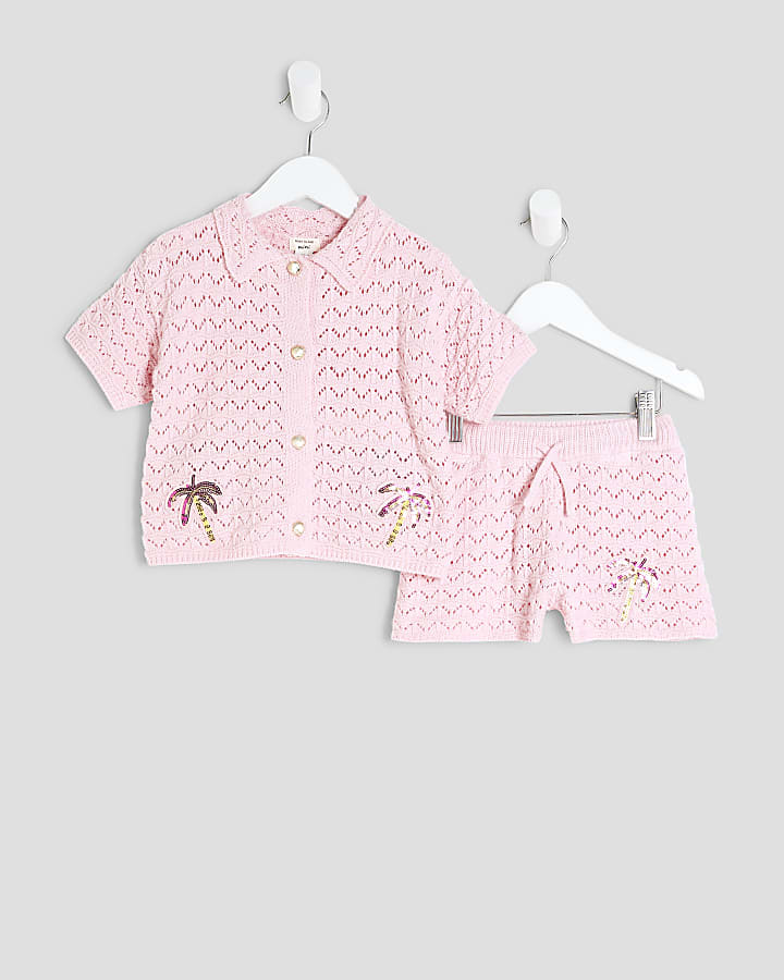 Mini Girls Pink Revere Palm Tree Shirt Set