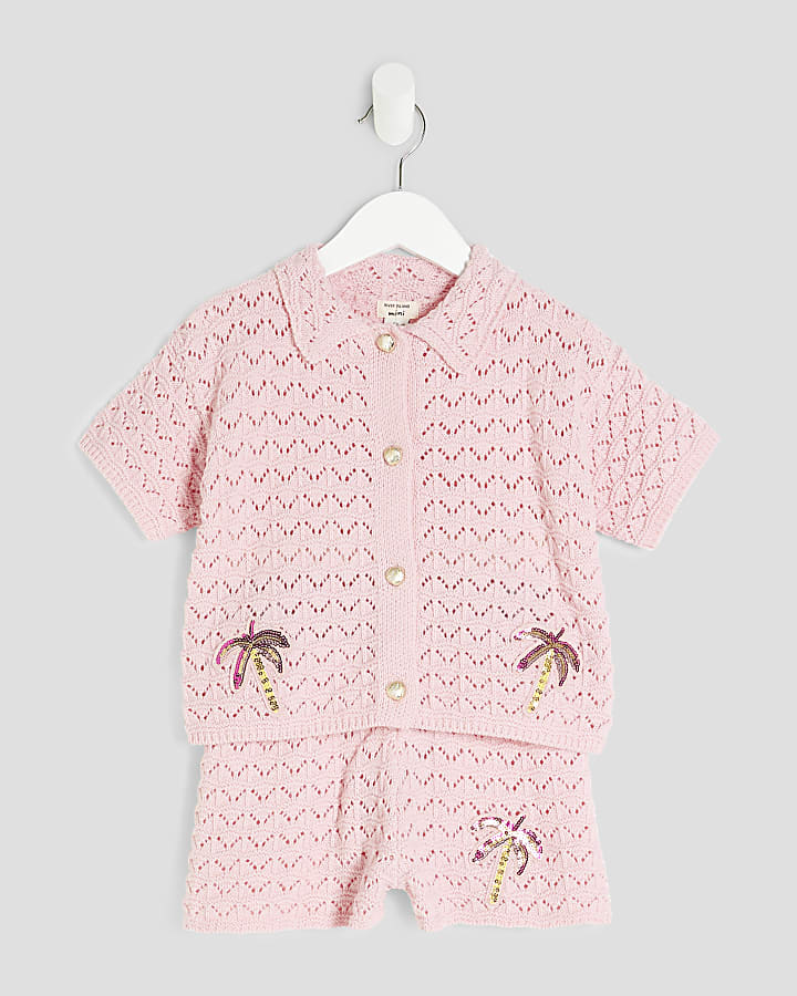 Mini Girls Pink Revere Palm Tree Shirt Set