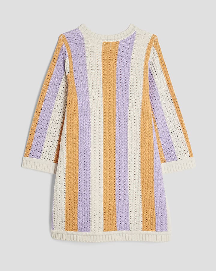 Girls Orange Embellished Crochet Stripe Dress