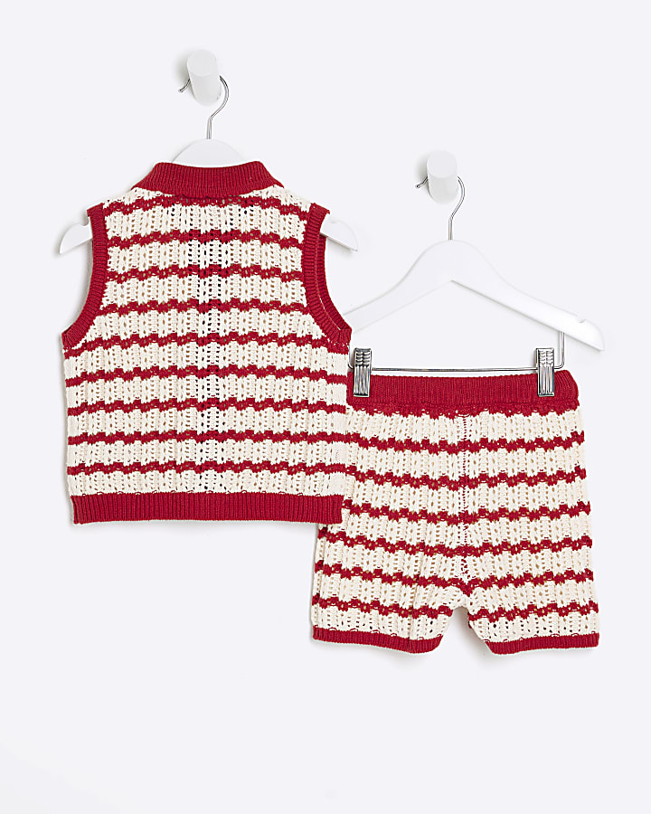 Mini Girls Red Stripe Polo Shirt Set