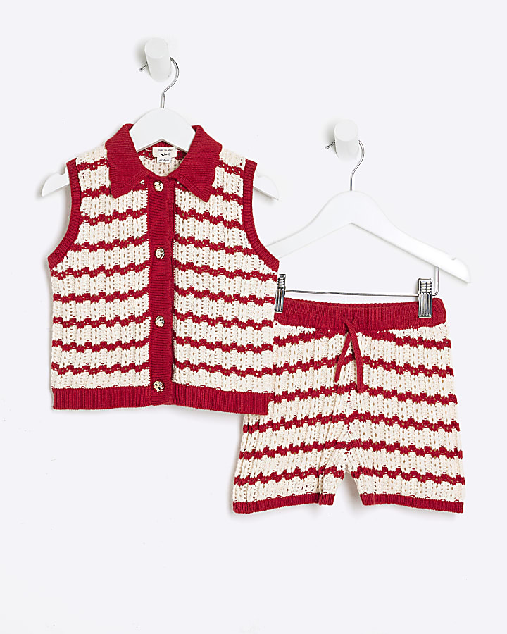 Mini Girls Red Stripe Polo Shirt Set