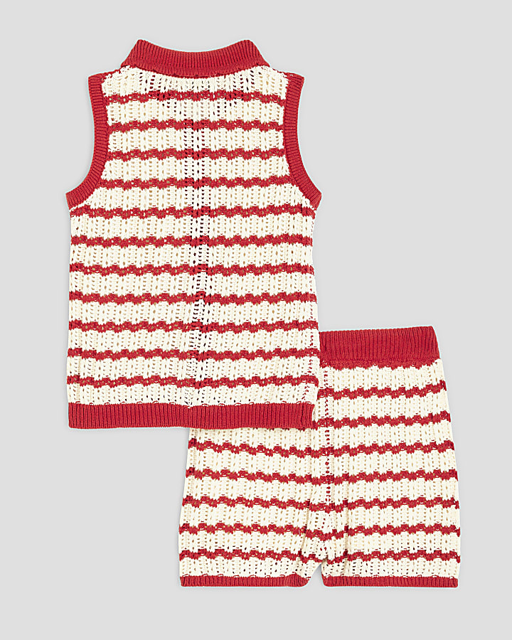 Girls Red Stripe Polo Shirt Set