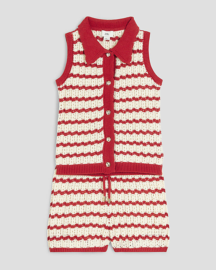 Girls Red Stripe Polo Shirt Set