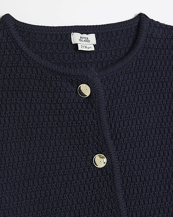 Girls Navy Button Shorts And Cardigan Set