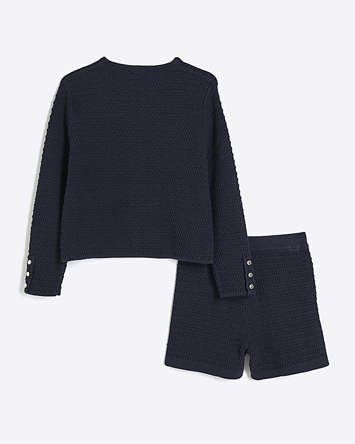 Girls Navy Button Shorts And Cardigan Set