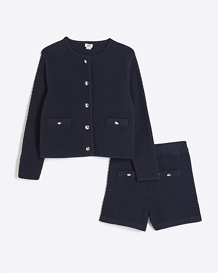 Girls Navy Button Shorts And Cardigan Set