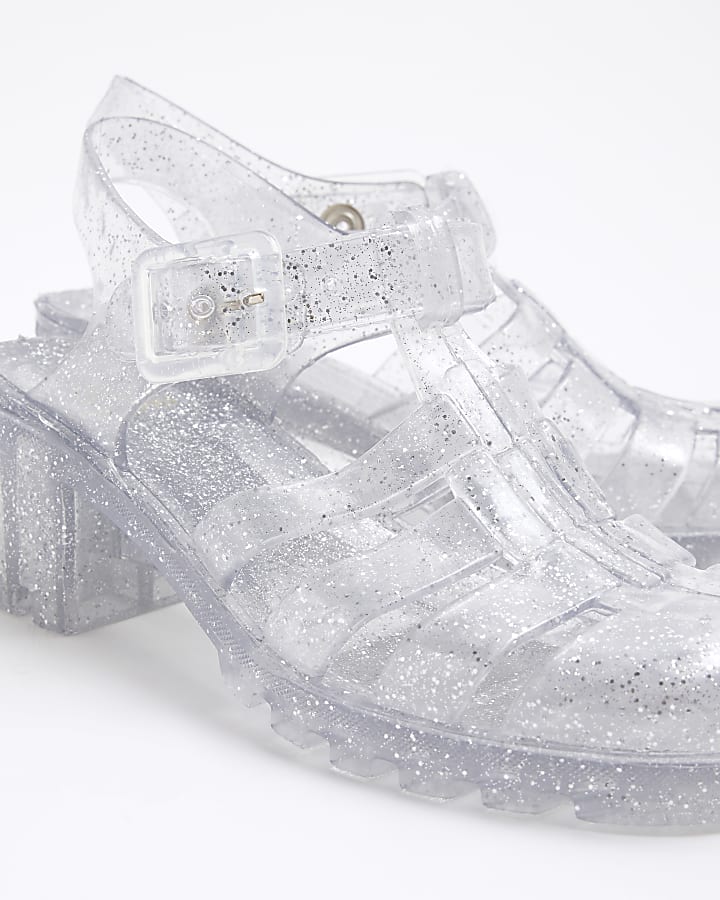 Girls Silver Glitter Jelly Heeled Shoes