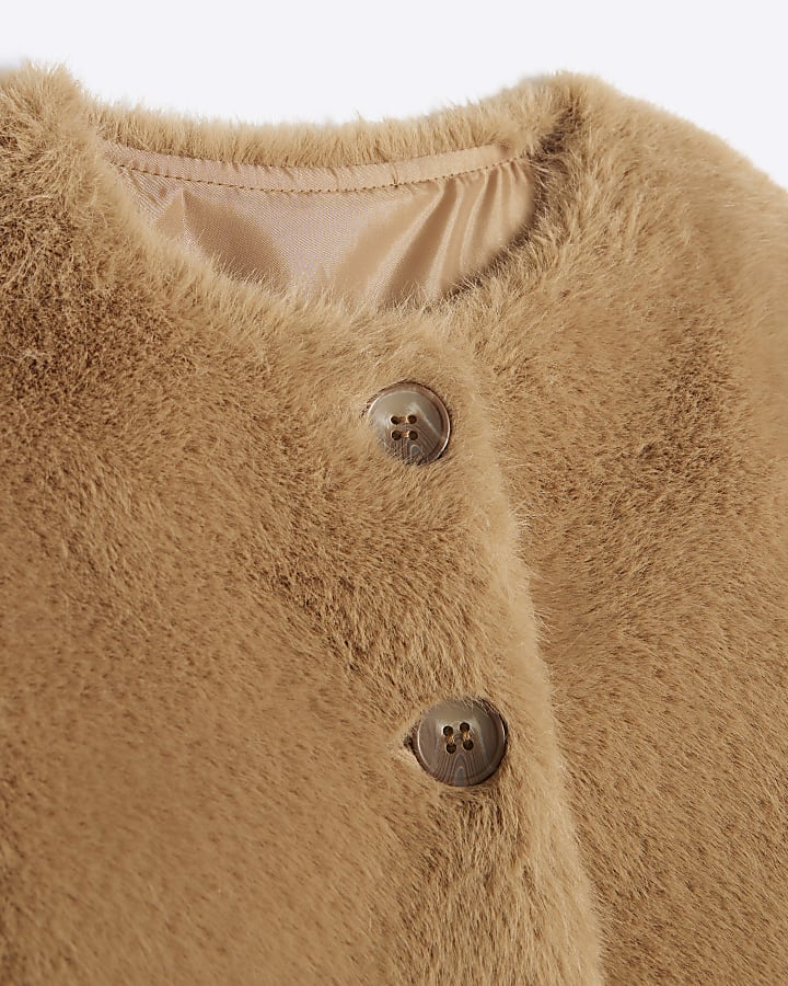 Girls Brown Faux Fur Cropped Jacket