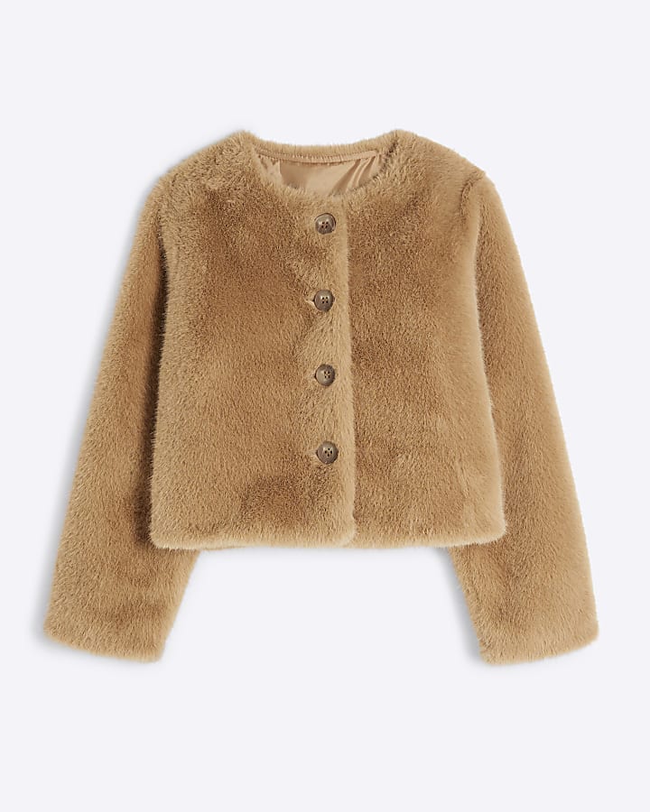 Girls Brown Faux Fur Cropped Jacket