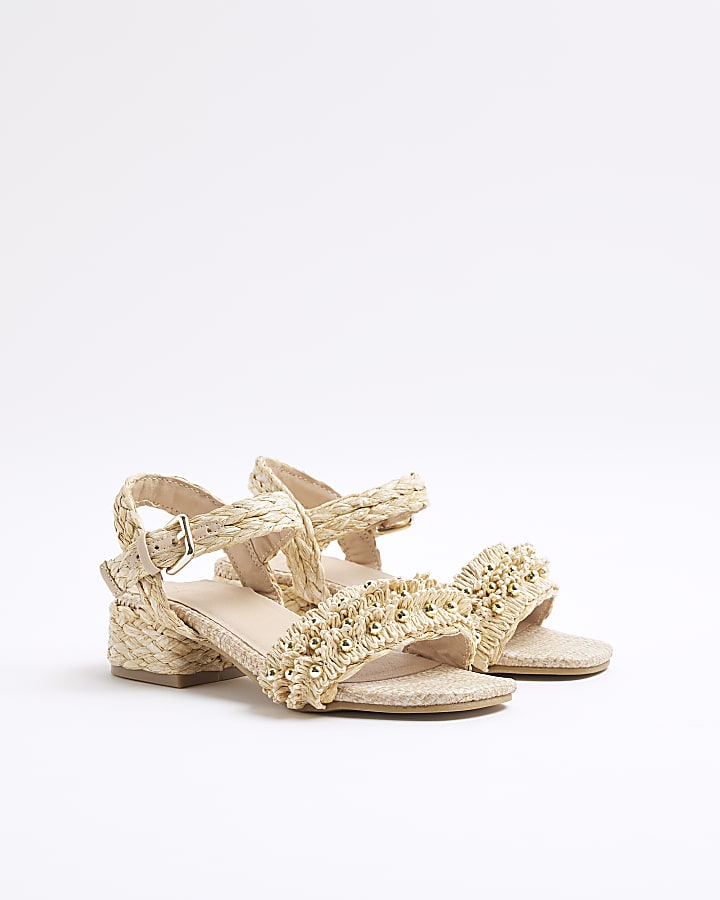 Girls Beige Raffia Heeled Sandals