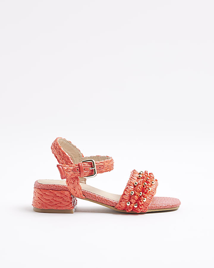 Girls Pink Raffia Heeled Sandals