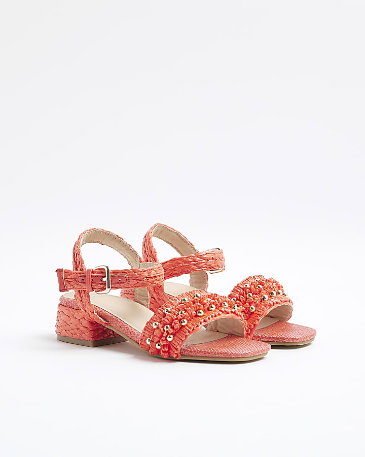 Girls Pink Raffia Heeled Sandals