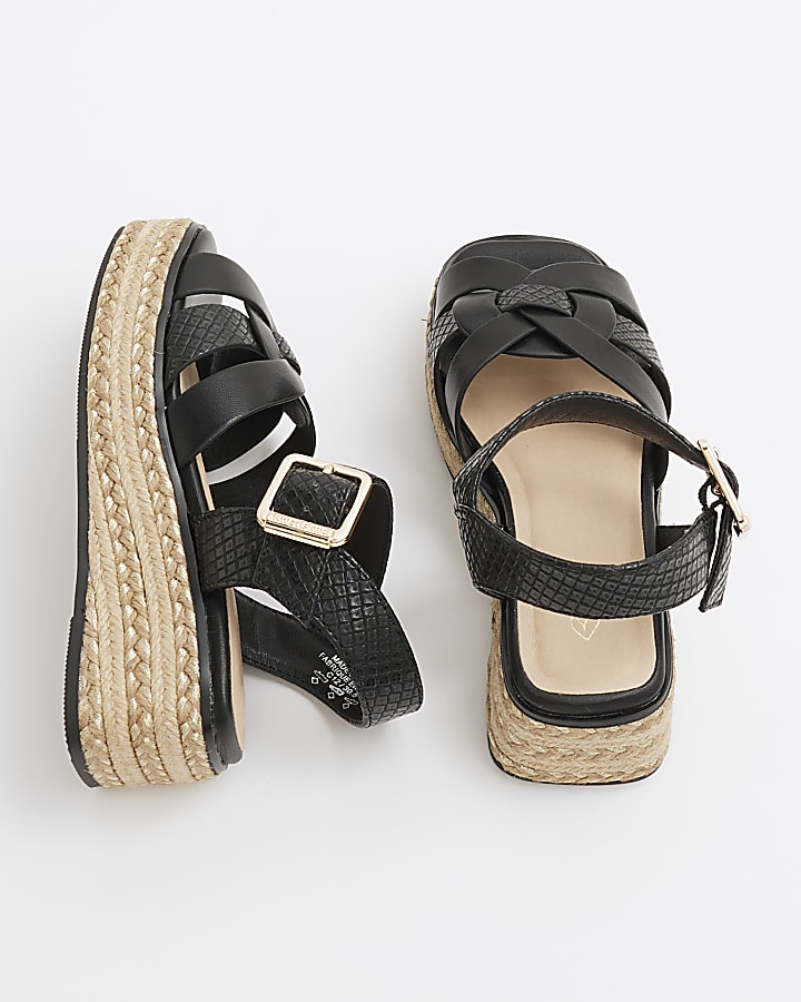 Girls Black Weave Wedge Sandals