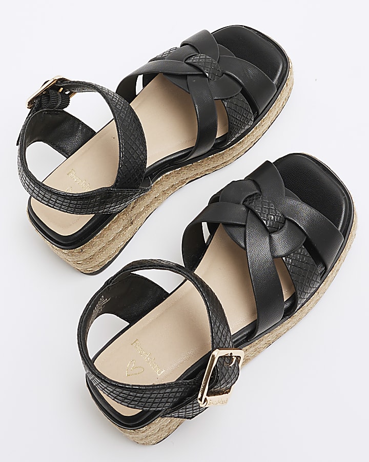 Girls Black Weave Wedge Sandals