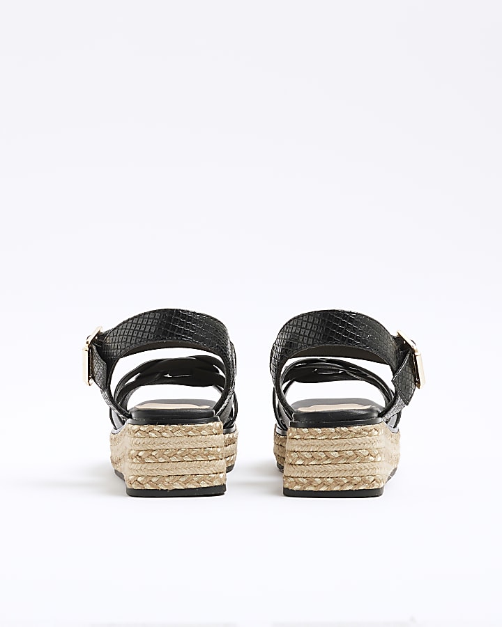 Girls Black Weave Wedge Sandals