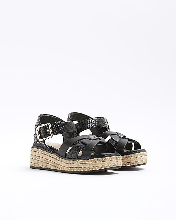 Girls Black Weave Wedge Sandals