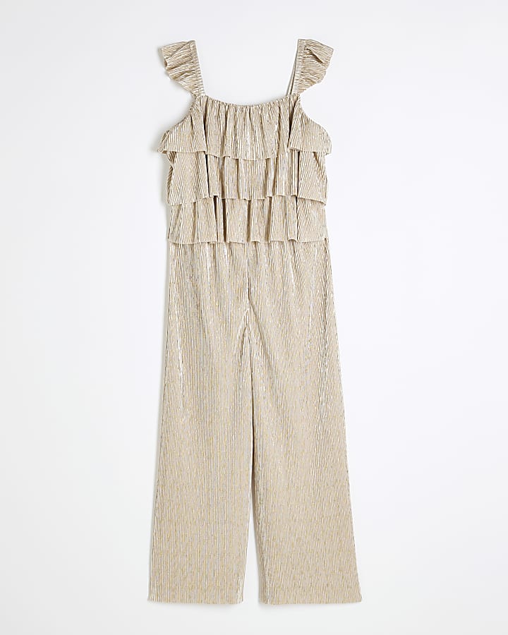 Girls Gold Plisse Ruffle Jumpsuit