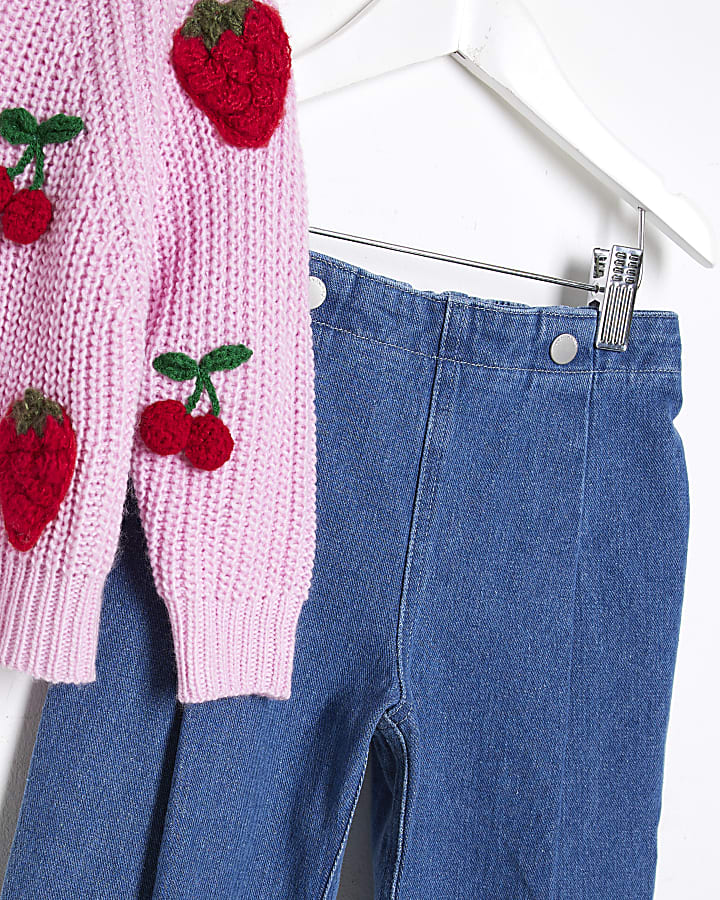 Mini Girls Pink Fruit Cardigan And Jeans Set