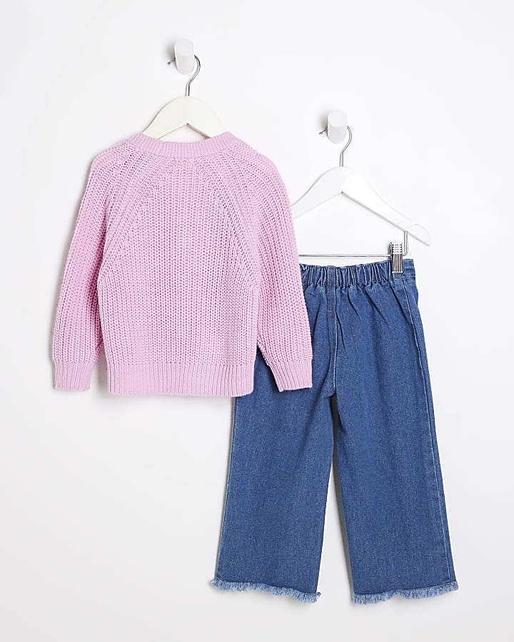 Mini Girls Pink Fruit Cardigan And Jeans Set