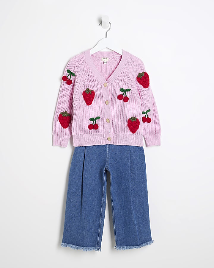 Mini Girls Pink Fruit Cardigan And Jeans Set