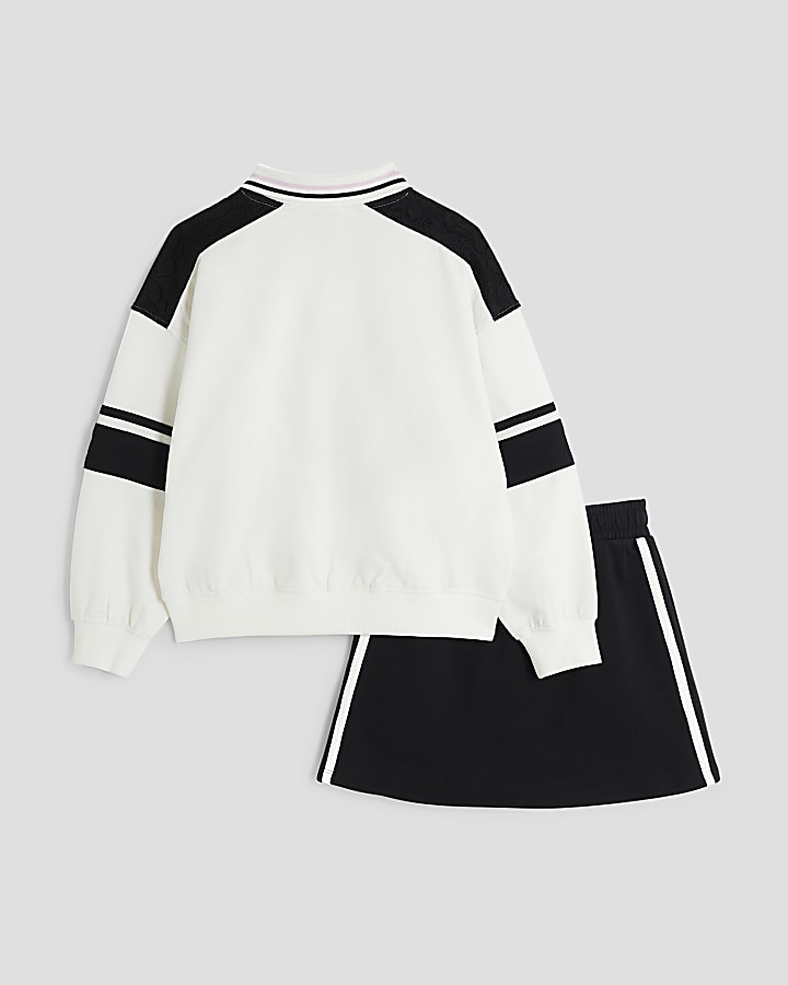 Girls White Collar Sweatshirt And Skirt Set