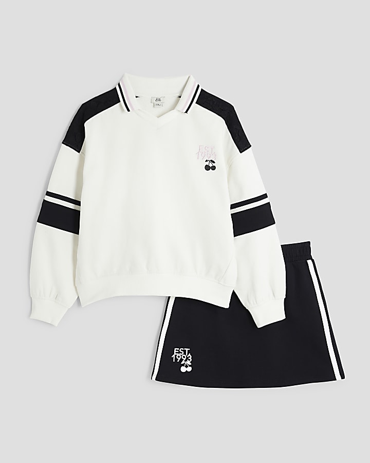 Girls White Collar Sweatshirt And Skirt Set