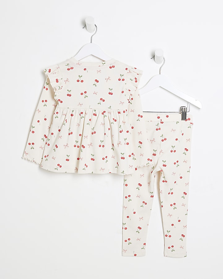 Mini Girls Beige Cherry Peplum Bow Top Set