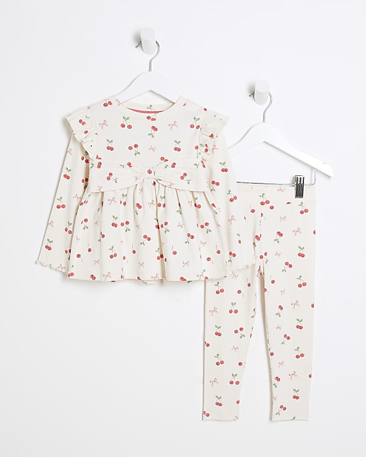 Mini Girls Beige Cherry Peplum Bow Top Set