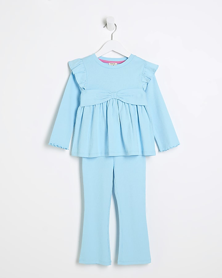 Mini Girls Blue Peplum Bow Top Set