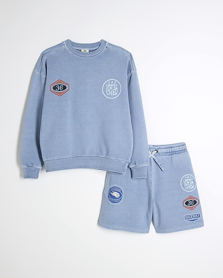 Boys Blue Washed Graphic Sweatshirt Set