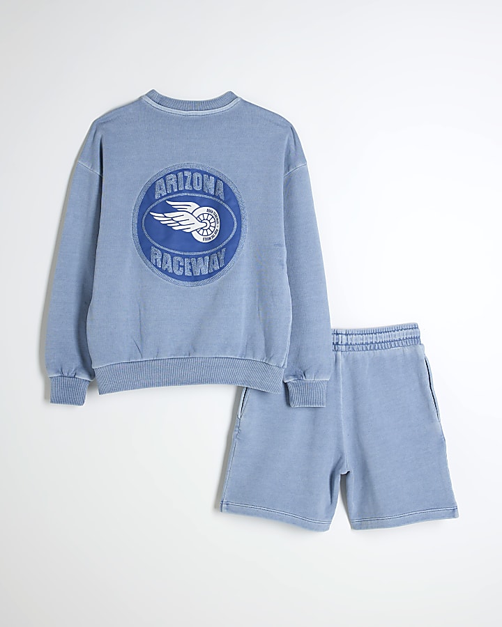 Boys Blue Washed Graphic Sweatshirt Set