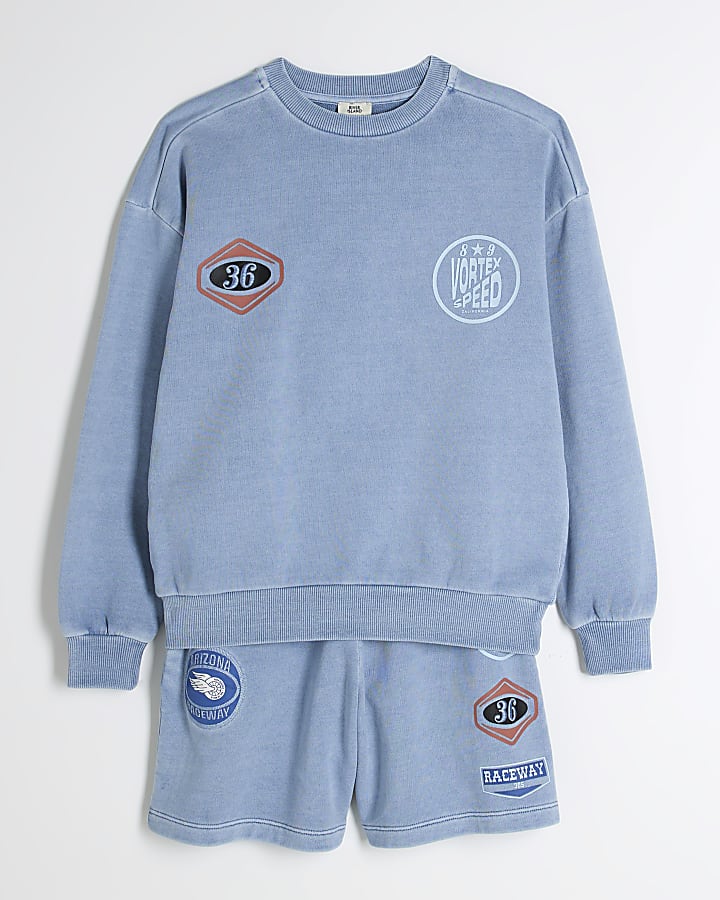 Boys Blue Washed Graphic Sweatshirt Set